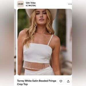 12th Tribe White Satin Beaded Fringe Crop Top - XS